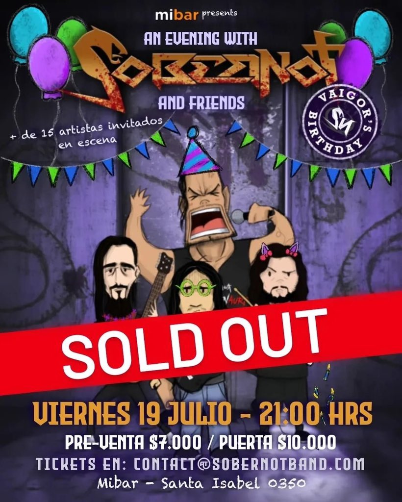 Sobernot_band's tweet photo. 🐍 SOLD OUT! Hemos completado el aforo para nuestro show de mañana en @MiBardeRock ! Los esperamos desde las 21:00 hrs junto a nuestros grandes invitados para celebrar el cumpleaños de nuestro gran Vaigor🔥

Muchas gracias!! 

Nos vemos! #AURT 🤘🏻💥 https://t.co/63hNgpyfY8