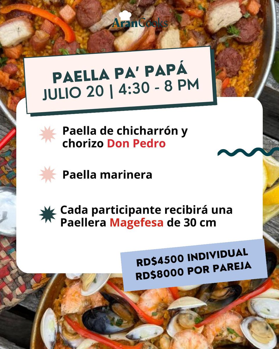 DavideSalegna's tweet photo. Mi querida amiga @arantxa_soto tiene un curso de cocina este sábado de preparación de paellas. Ella cocina muy rico y sus clases son divertidas. Tiene un especial ahora que es RD$7,000.00 la pareja o RD$3,500.00 individual.  Vamos allá! https://t.co/ohPckQjLv3