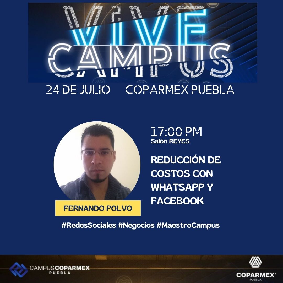 campus_coparmex's tweet photo. Ven a la conferencia  de Fernando Polvo  y #ViveCampus #APuertasAbiertas 

#CampusCOPARMEX @CoparmexPuebla 

Regístrate en:  https://t.co/1Vj0du4tTq

📍COPARMEX - 11 Poniente 1313, Col. Santiago, Puebla https://t.co/JwwAr7mTbp