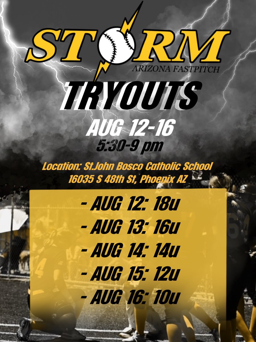 ARIZONA STORM FASTPITCH🥎🥎🥎
TRYOUTS‼️‼️
-Team tryouts for upcoming 24-25 season
-25 teams 10u-18u
-‘24 helping 50 seniors sign NIL’s for college 🙌🏻
-Org workouts &amp; camps w hands on coaching from current College Coaches
-Arizona Storm Fastpitch is always #STRONGERTOGETHER ❤️⚡️