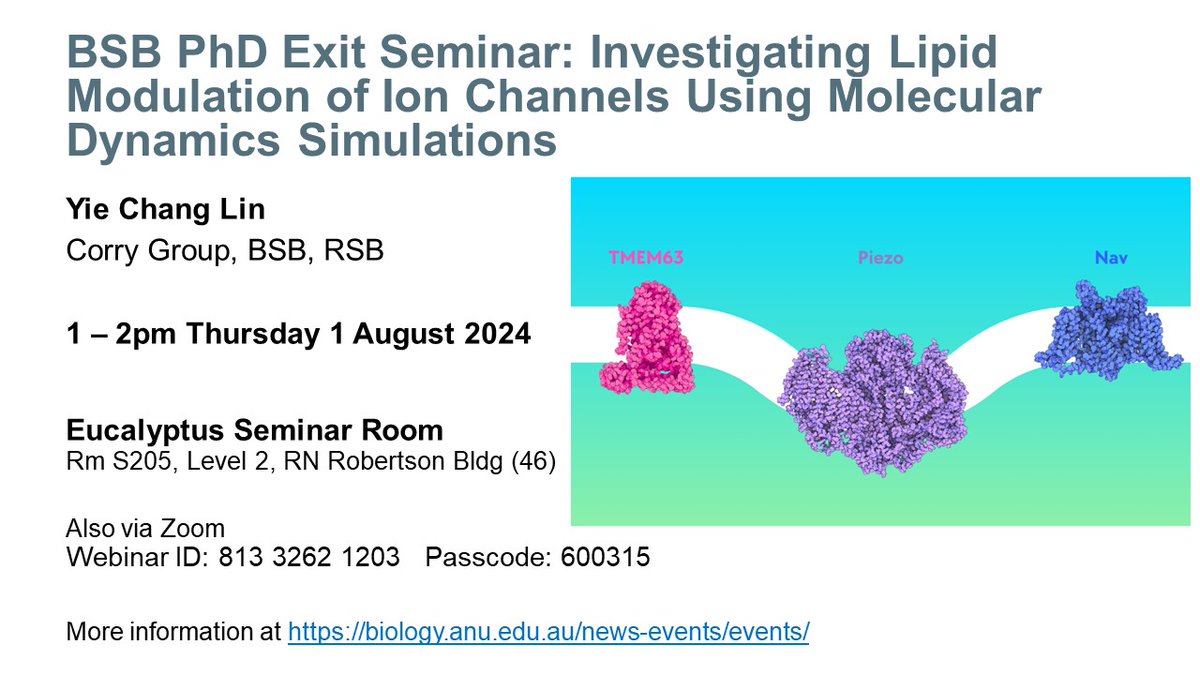 ANU Division of Biomedical Science & Biochemistry (@anu_rsb_bsb) on Twitter photo Join Yie Chang Lin, PhD Candidate from the <a href="/CorryLab/">Corry Lab</a>, for her presentation on the role of lipids in the modulation of ion channels. #BiologySeminar Details: rb.gy/7rpp52 Join Yie Chang Lin, PhD Candidate from the <a href="/CorryLab/">Corry Lab</a>, for her presentation on the role of lipids in the modulation of ion channels. #BiologySeminar Details: rb.gy/7rpp52