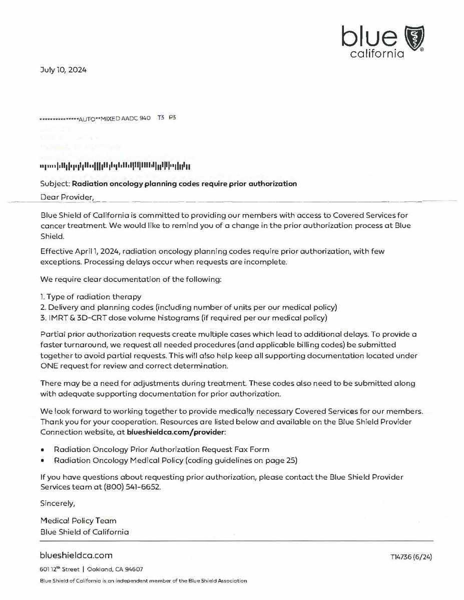 j_luh's tweet image. So @BlueShieldCA informed me on July 10, 2024 that #priorauth is required for ALL #radonc services effective April 1, 2024.

Not only is this #outrageous, #BlueShieldCA waited over 3 months to officially inform me.

#fixpriorauth @ASTRO_org @RadiologyACR @ACRORadOnc @CMAdocs…