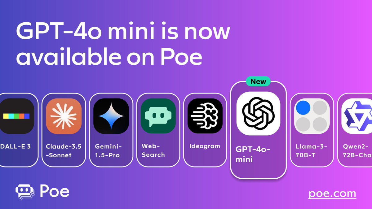 GPT-4o mini is available on Poe! 

GPT-4o mini is OpenAI’s newest model and the highest performing small model available. Benchmark evaluations show it surpasses other compact models in reasoning (text and vision), math, and coding tasks. (1/2)