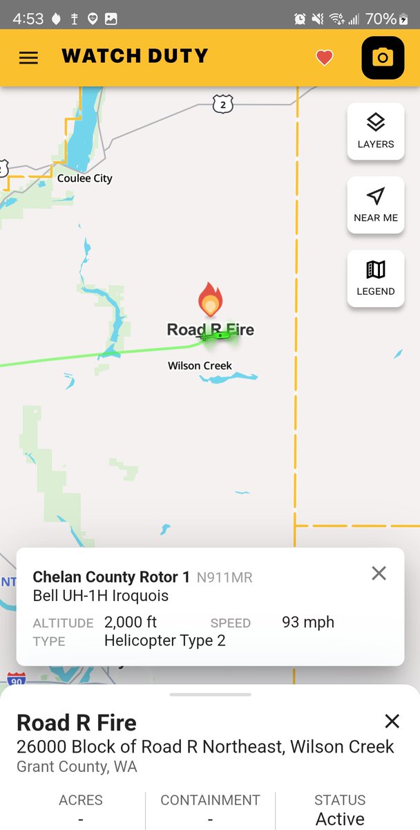 Borrowed7Time's tweet photo. The #RoadRFire in Grant Co. was reported shortly after 1500 PDT. An all call for all 6x6 resources in the county was issued per IC (@watchdutyapp )

Chelan Co Fire District UH-1H N911MR #AC9B85 as Rotor 1 is operating, with WA DNR K100 N565E #A739E1 arriving.
@Wa_fire_watch https://t.co/MG43iLzRT4