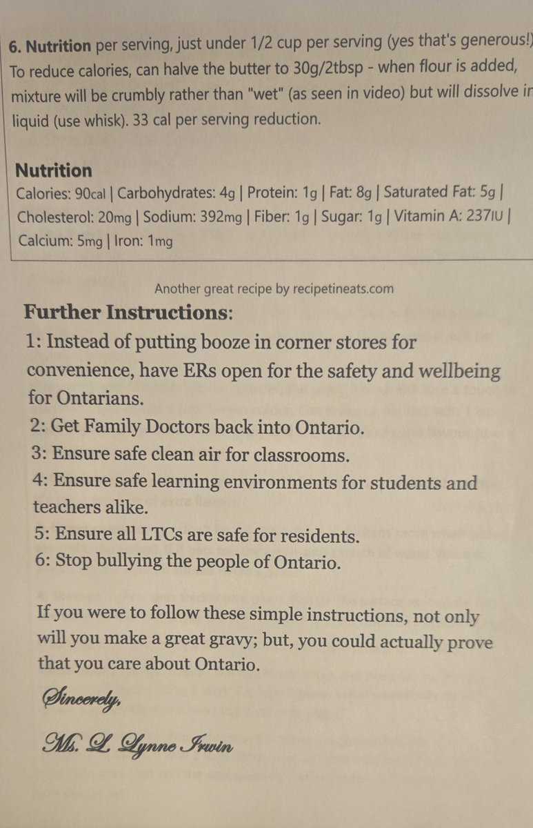 LLynneIrwin's tweet photo. So, since @fordnation's office can't handle packets of gravy and his office does NOT read mass emails sent to his office & his minister's offices, This is the letter that I am sending. I urge anyone who is so inclined to do the same. Do NOT send gravy in the mail. Send recipes instead to show him that he must stop his #GravyTrain.