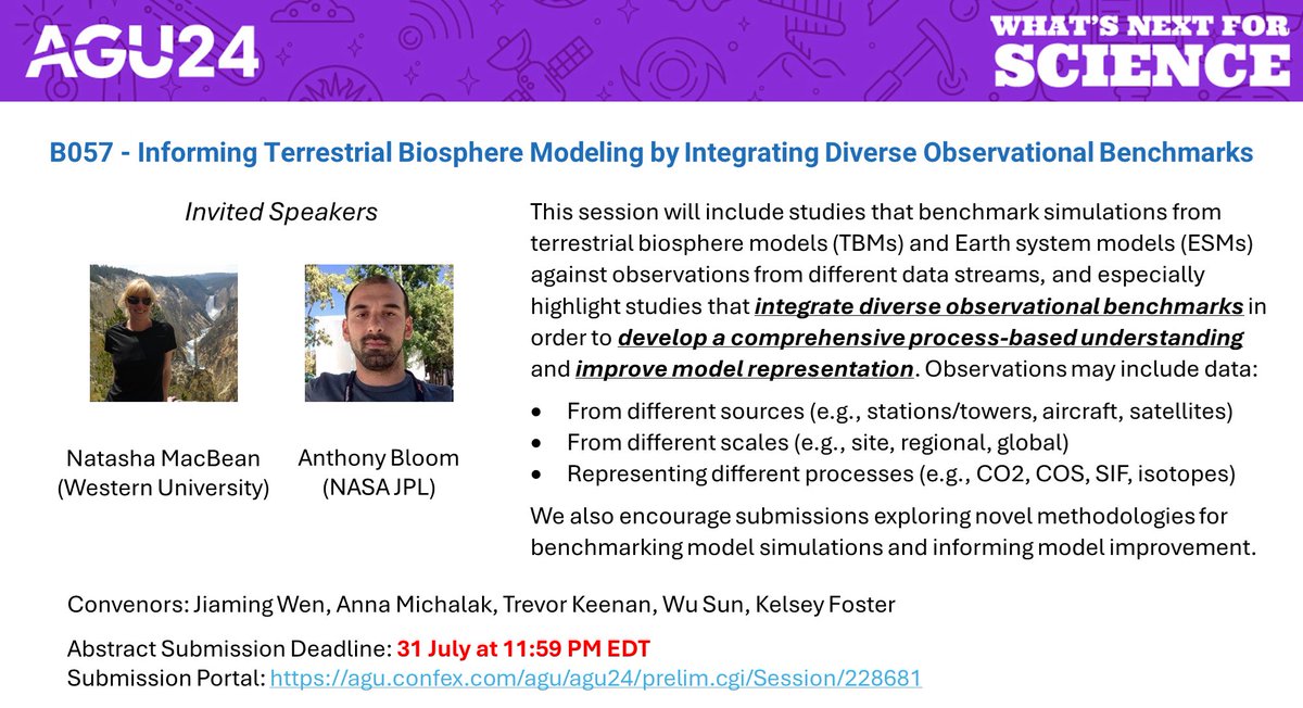 Reminder: only 2 weeks away from #AGU24 abstract submission deadline! Welcome to submit abstracts to our session and have a fruitful discussion with invited speakers <a href="/NatashaMacBean/">Natasha MacBean</a> (Western University) and Anthony Bloom (NASA JPL).