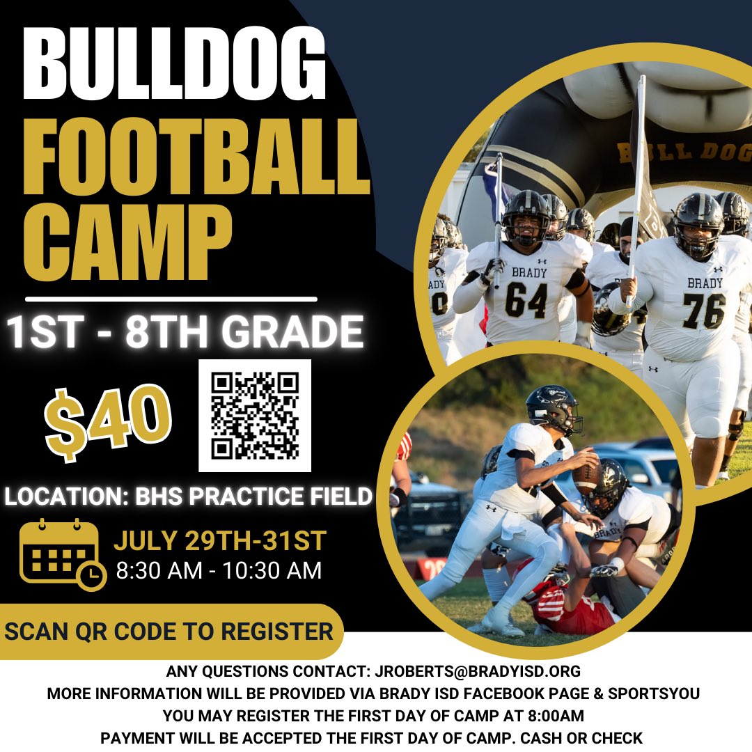 🏈 Join us at Bulldog Football Camp this summer!  It's a fantastic opportunity to learn, grow, and have a blast on the field. Scan the QR code to pre register and reserve your spot.
🐾💪 #BulldogPride #BFND #D.A.W.G.S. <a href="/coachv32/">C.J. Villegas</a> <a href="/CoachJRRoberts/">Jaron Roberts</a> <a href="/CoachDeLo13/">Dodge Delozier🏹</a>