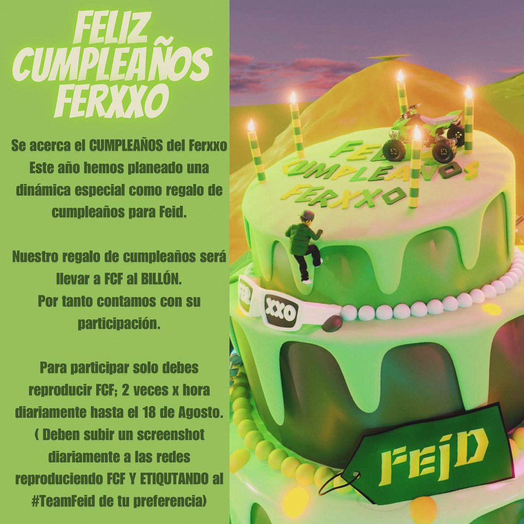 FeidProMax's tweet photo. Hola TeamFeid 💚
Este año hemos preparado una dinámica de *regalo* de *cumpleaños* para *Feid* y queremos contar con su colaboración para que todos los #teamfeid de diferentes países podamos participar solo tienes que compartir
#felizcumpleañosferxxo #likeycompartir https://t.co/95Gy6ORNDV