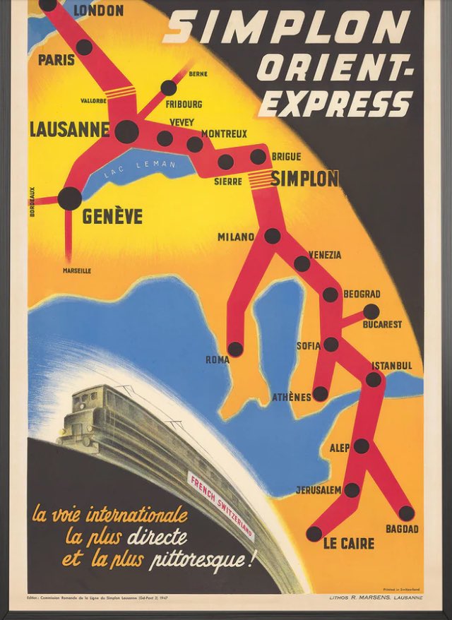 I’m obsessed with Orient Express posters because of the world that they reveal. Here’s one from 1947, the year before the Nakba, taking riders from Geneva, to Aleppo, to Cairo ❤️