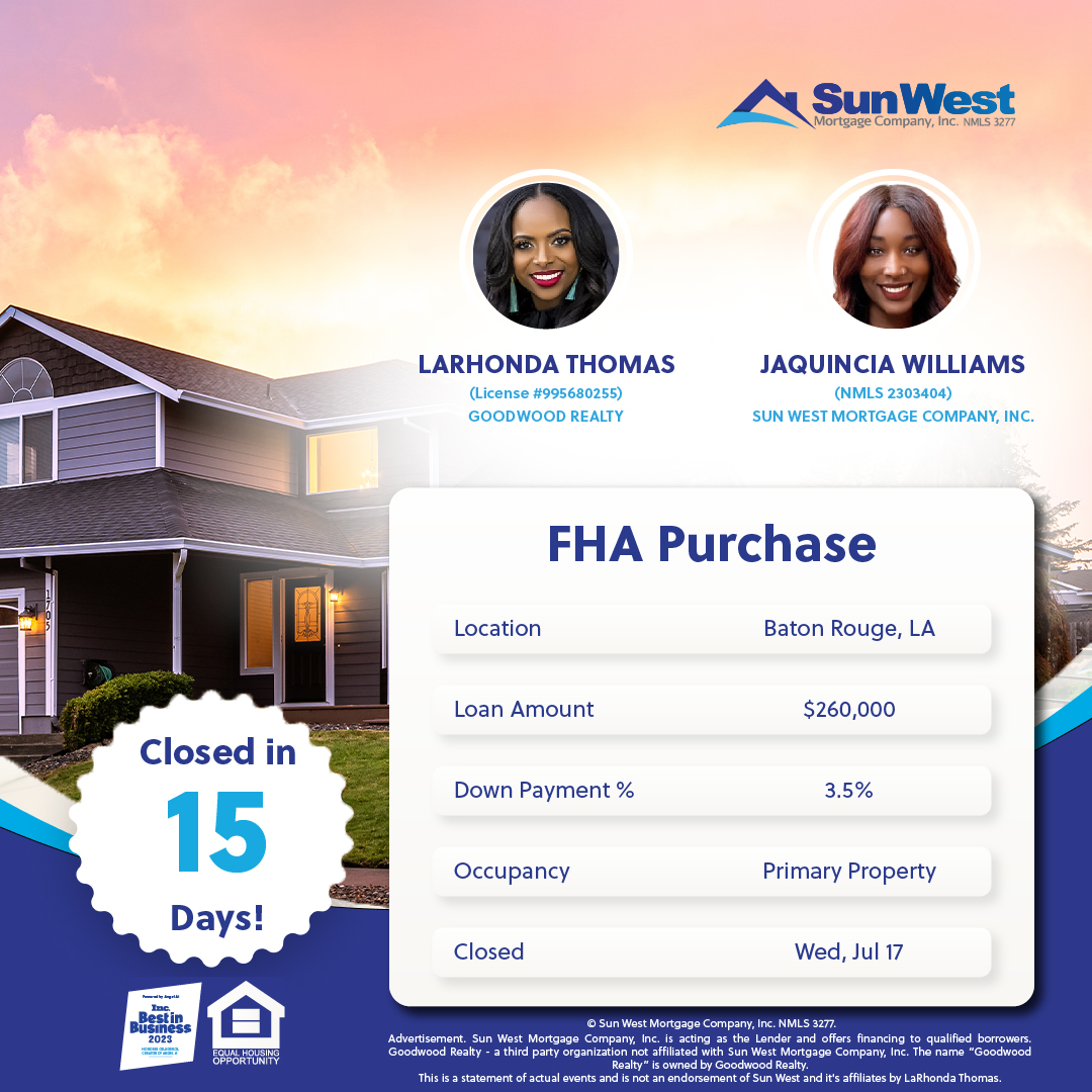 BanerjeeIrwin's tweet photo. Special thanks to LaRhonda Thomas for trusting Sun West and Jaquincia Williams to finance the purchase for her buyer. Closed in 15 days!

#happyhomeowners #purchase #fha #loanclosedfast #sunwestmortgage #wegetyou #mytruehome #feelgood #AngelAi #technology #homeloans #mortgage https://t.co/Pu4crvGbTJ