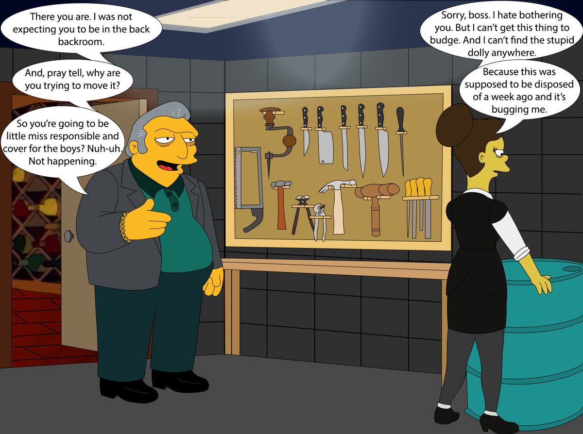 LynsieG6's tweet photo. It was business as usual at the "Legitimate Businessman's Social Club", for once acting as the namesake implies. A slow day. The boys came 'round for some off-hours fun. A friendly game of cards. Just normal things on a normal day...Until it wasn't and things changed.
#simpsonsOC https://t.co/JoTWdxeTOd