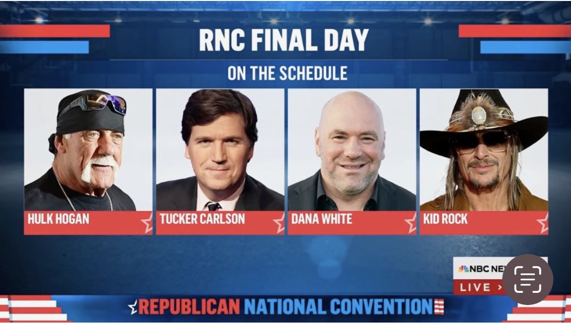 WilliamReymond's tweet photo. 🚨 Ceci n’est pas un faux. C’est bien le programme de la dernière soirée de la convention républicaine.  

Le niveau « Idiocracy » est désormais atteint. Tout peut arriver. https://t.co/RzsSUcpj4c