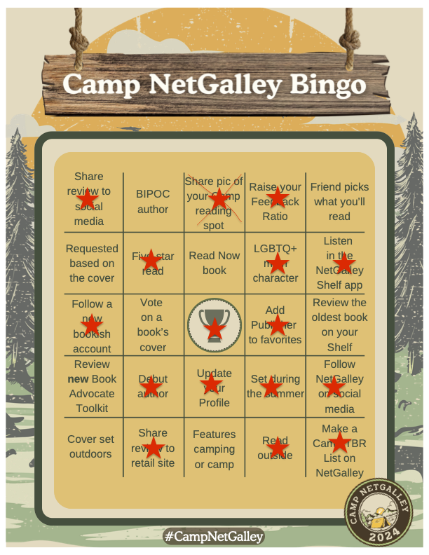 SammaSpot's tweet photo. I finally BINGO'd at #CampNetGalley   Thanks for a fun summer reading camp @NetGalley https://t.co/gd9YVPng4j