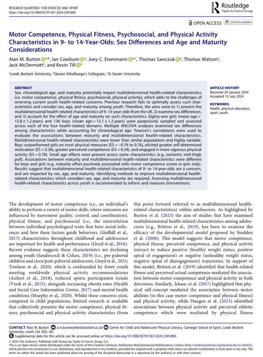 Study 3 from my PhD now published in Research Quarterly for Exercise and Sport 📚

“Motor Competence, Physical Fitness, Psychosocial, and Physical Activity Characteristics in 9- to 14-Year-Olds: Sex Differences and Age and Maturity Considerations”

tandfonline.com/doi/full/10.10…

🧵 👇🏻