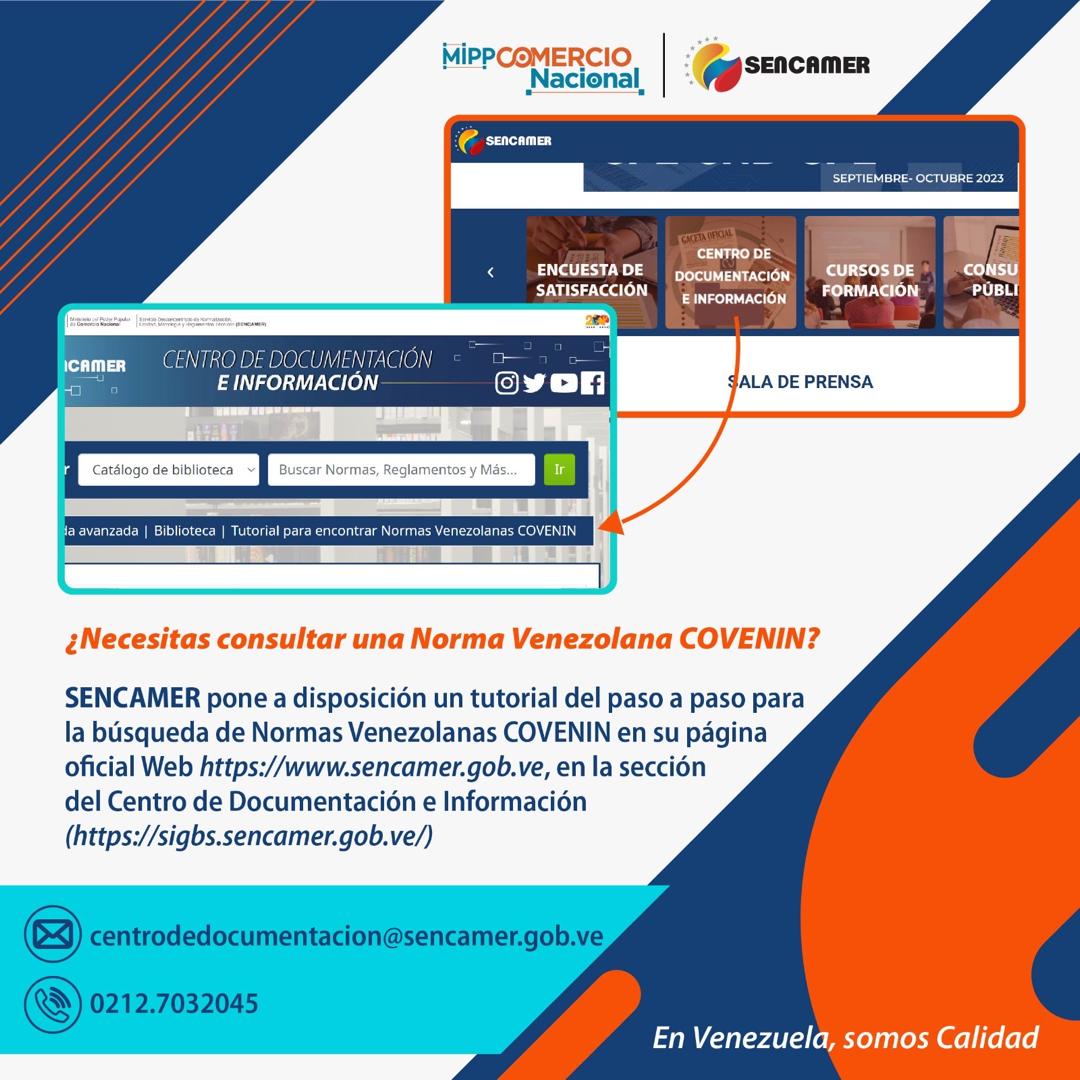 ¿Necesitas consultar una Norma Venezolana #Covenin?

¡Descubre el Centro de Documentación e Información de #Sencamer! 📚Ingresa en nuestro portal web, allí encontrarás el paso a paso para la búsqueda de la norma que deseas ubicar. 🌐

#EnVenezuelaSomosCalidad