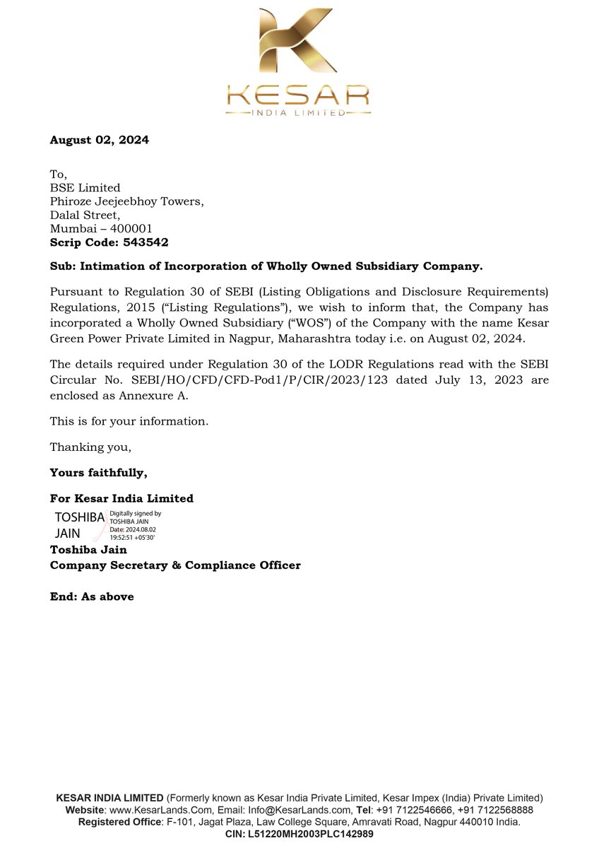 nileshkurhade's tweet image. 📌 Kesar India Limited informed the exchange about the incorporation of a wholly-owned subsidiary, Kesar Green Power Private Limited, in Nagpur. The new subsidiary will focus on electric power transmission. #SME #KESAR ⚡️📊