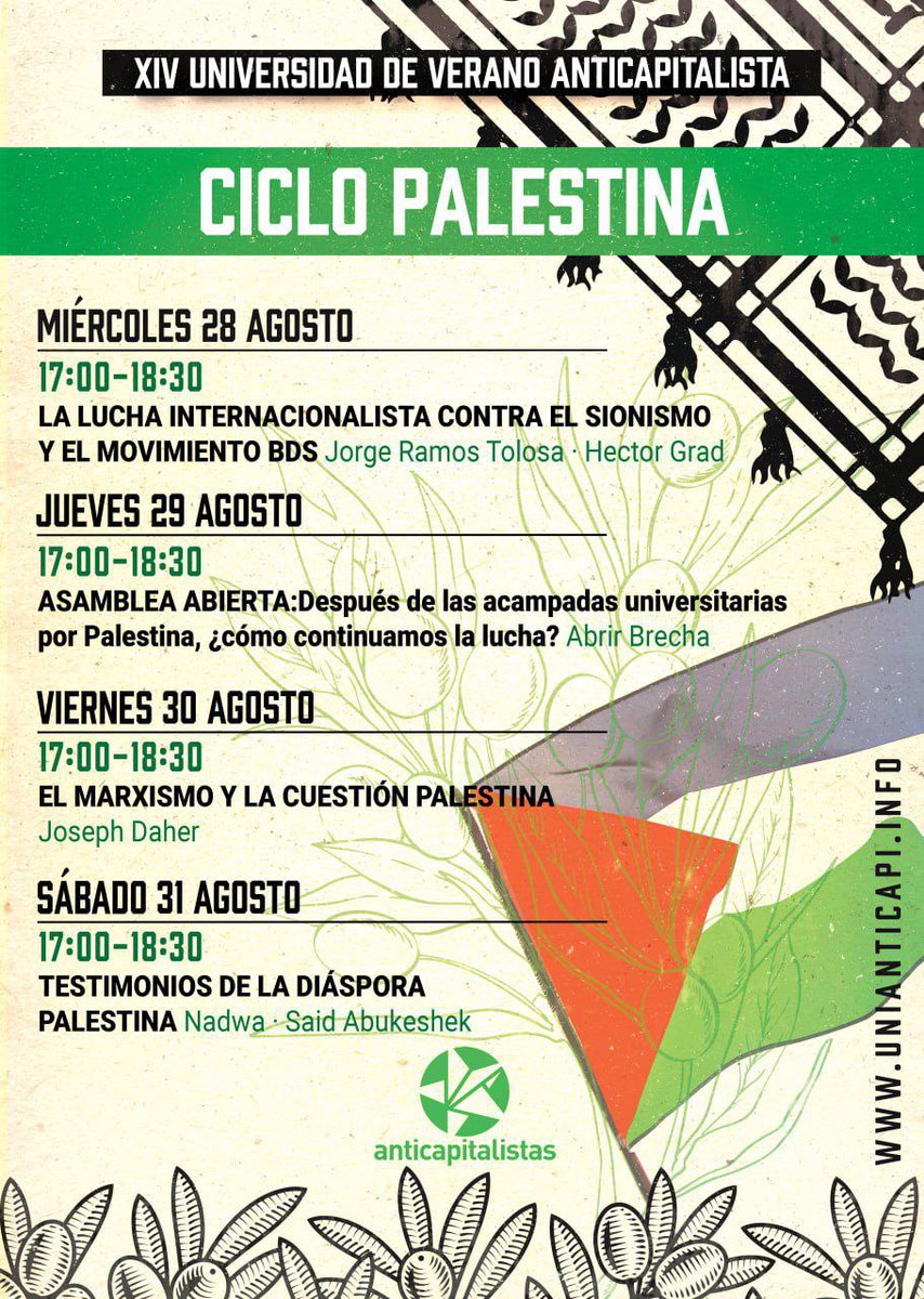 anticapi_'s tweet photo. 🇵🇸 | En la Universidad de Verano Anticapitalista, la lucha por la liberación palestina frente al sionismo y el imperialismo tendrá un lugar central. 

Os dejamos algunos debates y formaciones que proponemos en el programa. 

Información e inscripciones en https://t.co/aCup01KWSr https://t.co/PEnpdiweLS