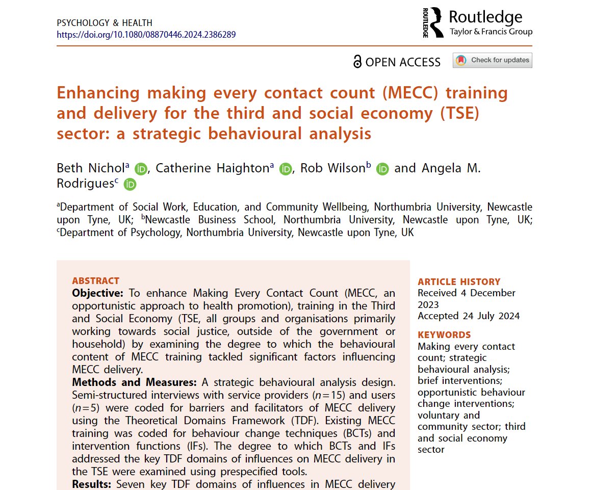 Beth Nichol (@beth_research) on Twitter photo Paper 5/6 of my PhD, this time applying the behaviour change wheel to make recommendations for Making Every Contact Count training when delivered to voluntary and community settings:
doi.org/10.1080/088704…
<a href="/HaightonKatie/">Katie Haighton</a> <a href="/WilsoRob/">Left</a> <a href="/DrAMRodrigues/">Angela Rodrigues</a> <a href="/MECCgroupNCL/">Newcastle MECC group</a> Paper 5/6 of my PhD, this time applying the behaviour change wheel to make recommendations for Making Every Contact Count training when delivered to voluntary and community settings:
doi.org/10.1080/088704…
<a href="/HaightonKatie/">Katie Haighton</a> <a href="/WilsoRob/">Left</a> <a href="/DrAMRodrigues/">Angela Rodrigues</a> <a href="/MECCgroupNCL/">Newcastle MECC group</a>