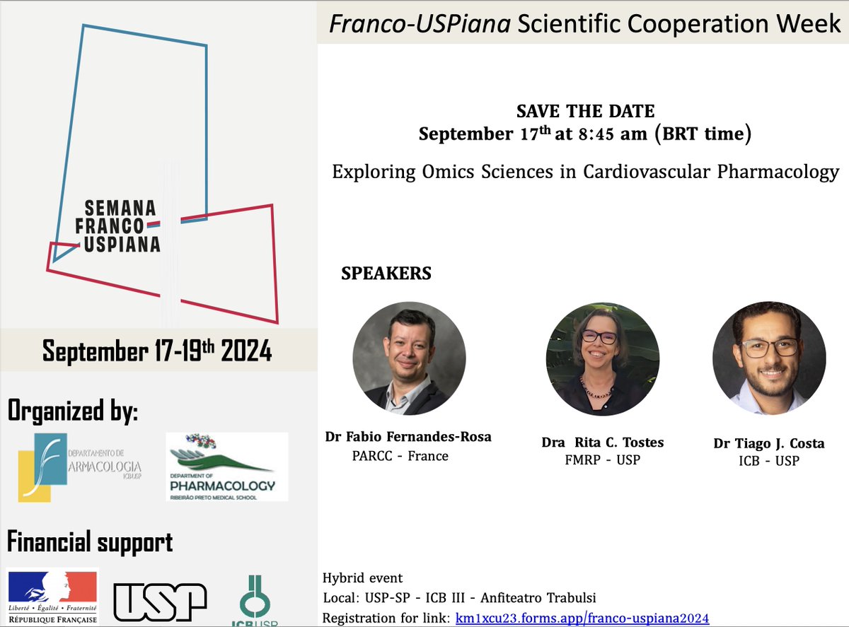 Tiago J. Costa (@tiagojcosta_) on Twitter photo Save the date! Join us for a hybrid event on Day 1!
I’m thrilled to discuss #Vascular #Pharmacology, #Omics, and #SexHormones.
Scientific cooperation! 😍🇫🇷and 🇧🇷
<a href="/usponline/">USP - Universidade de São Paulo</a> <a href="/icb_usp/">Instituto de Ciências Biomédicas</a> <a href="/Tosteslab/">The Tostes Lab</a> <a href="/cgfsaopaulo/">Consulado Geral da França em São Paulo</a> <a href="/depto_farmaco/">Farmacologia Icb-Usp</a> Save the date! Join us for a hybrid event on Day 1!
I’m thrilled to discuss #Vascular #Pharmacology, #Omics, and #SexHormones.
Scientific cooperation! 😍🇫🇷and 🇧🇷
<a href="/usponline/">USP - Universidade de São Paulo</a> <a href="/icb_usp/">Instituto de Ciências Biomédicas</a> <a href="/Tosteslab/">The Tostes Lab</a> <a href="/cgfsaopaulo/">Consulado Geral da França em São Paulo</a> <a href="/depto_farmaco/">Farmacologia Icb-Usp</a>