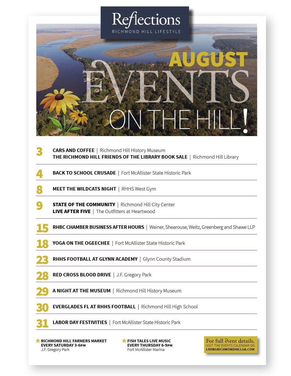 And just like that summer has come to an end and school is back in session. What does August bring? Friday Night Lights! Check out the upcoming Richmond Hill High School football schedule along with many other fun happenings this month. 🏈✏️📚

livingrichmondhillga.com/events-calenda…