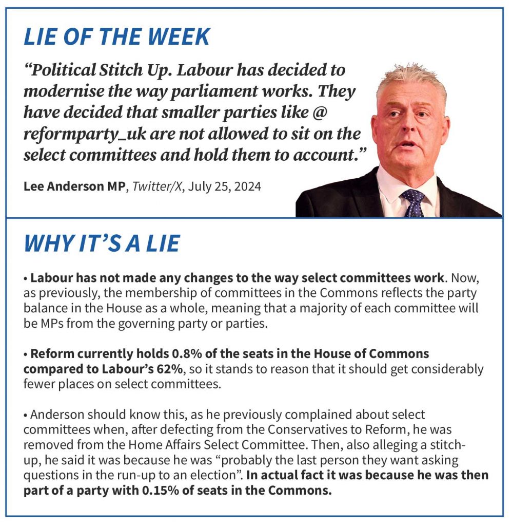 Lie of the week: “Labour has decided smaller parties like Reform are not allowed on select committees” - <a href="/LeeAndersonMP_/">Lee Anderson MP</a> 
theneweuropean.co.uk/lie-of-the-wee…