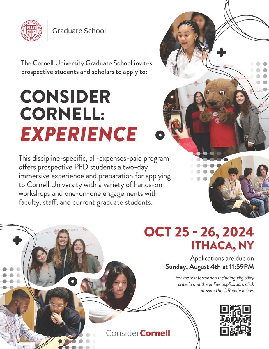 Apply now (deadline Sunday!) for Consider Cornell: Experience (Oct. 25-26, 2024, Ithaca, NY), a two-day, on-campus, expense-paid Ph.D. preview program. Learn more and apply by August 4 at  cornell.ca1.qualtrics.com/jfe/form/SV_a3… @CornellOISE