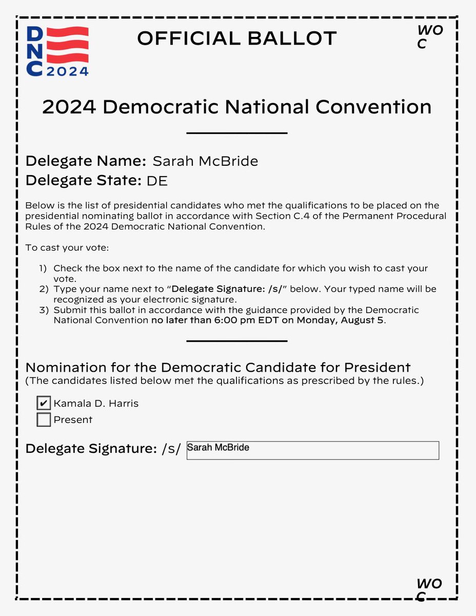 SarahEMcBride's tweet photo. Kamala Harris is the leader we need in this critical moment. Yesterday, I proudly cast my delegate ballot for Vice President Kamala Harris.

Kamala Harris has already proven that she can take on tough battles and deliver real change. She has the strength and conviction to protect abortion rights, fight for paid leave and affordable childcare, expand access to healthcare and housing, and take on gun violence by banning assault weapons.

I'm energized and excited about the opportunities ahead for Democrats this fall. I’m committed to ensuring that in 2025, we'll not only build on the achievements of the Biden-Harris administration but also welcome Kamala Harris as "Madam President."