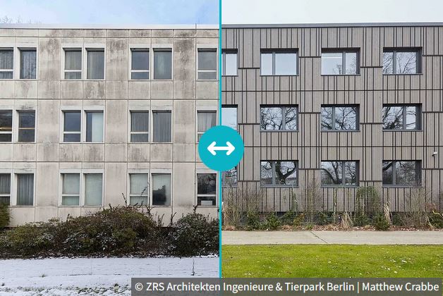 🏗️ Best Practice: Verwaltungsgebäude des Berliner Tierparks seriell saniert 🏢 🐘 🐒

Statt Abriss entschied man sich, das leerstehende 60er-Jahre-Gebäude energetisch zu sanieren. Die Gebäudehülle wurde in nur wenigen Wochen fertiggestellt. Mehr ▶ energiesprong.de/projekte-anbie…
#Berlin