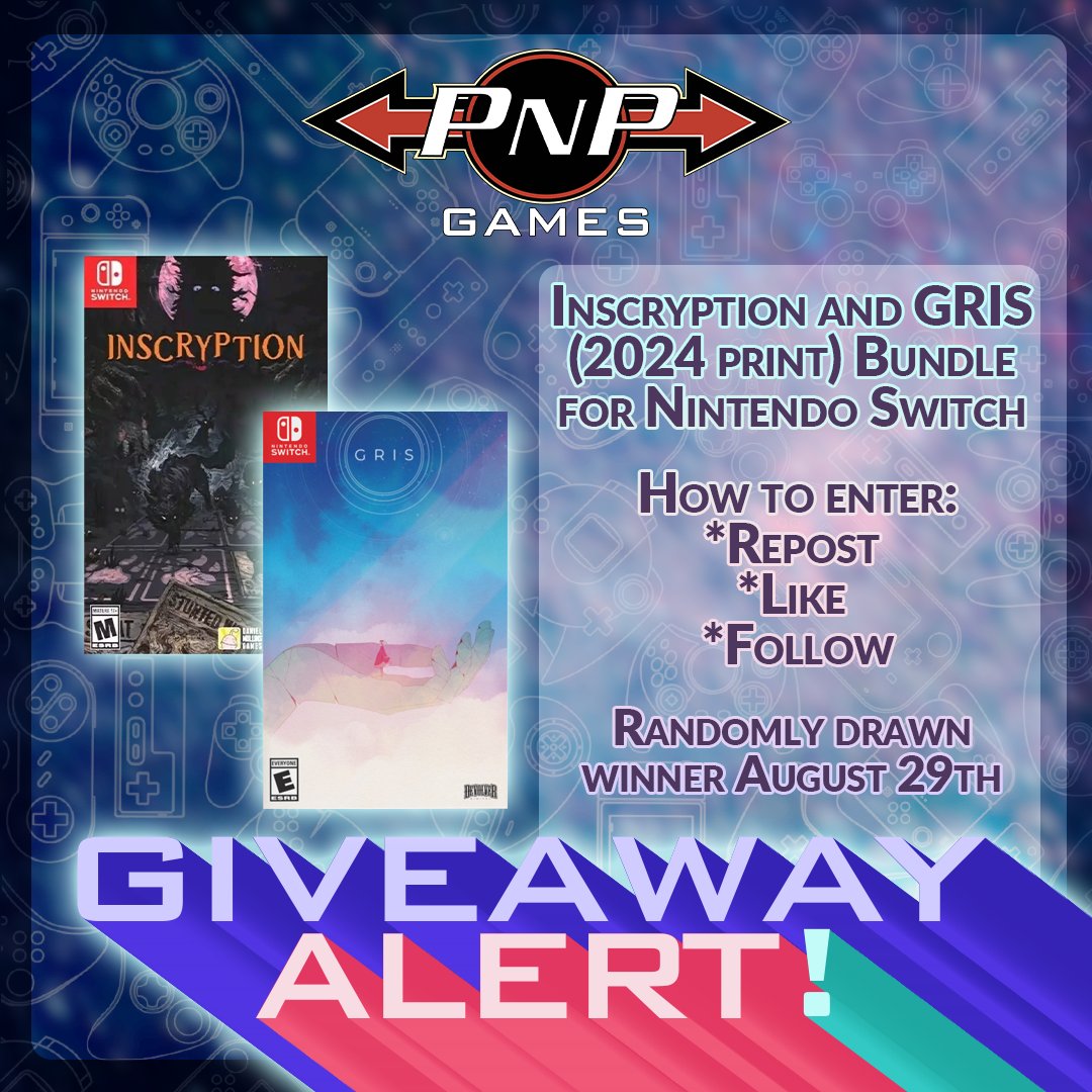 GIVEAWAY ALERT -   

REPOST, LIKE, AND FOLLOW PNP GAMES for your chance to WIN a Inscryption &amp; GRIS (2024 Print) Bundle for Nintendo Switch! 

Prestigious indie titles made physical again! Good luck!

#VideoGames #Nintendo #Canada #USA #Free #Giveaway #PNP #NintendoSwitch