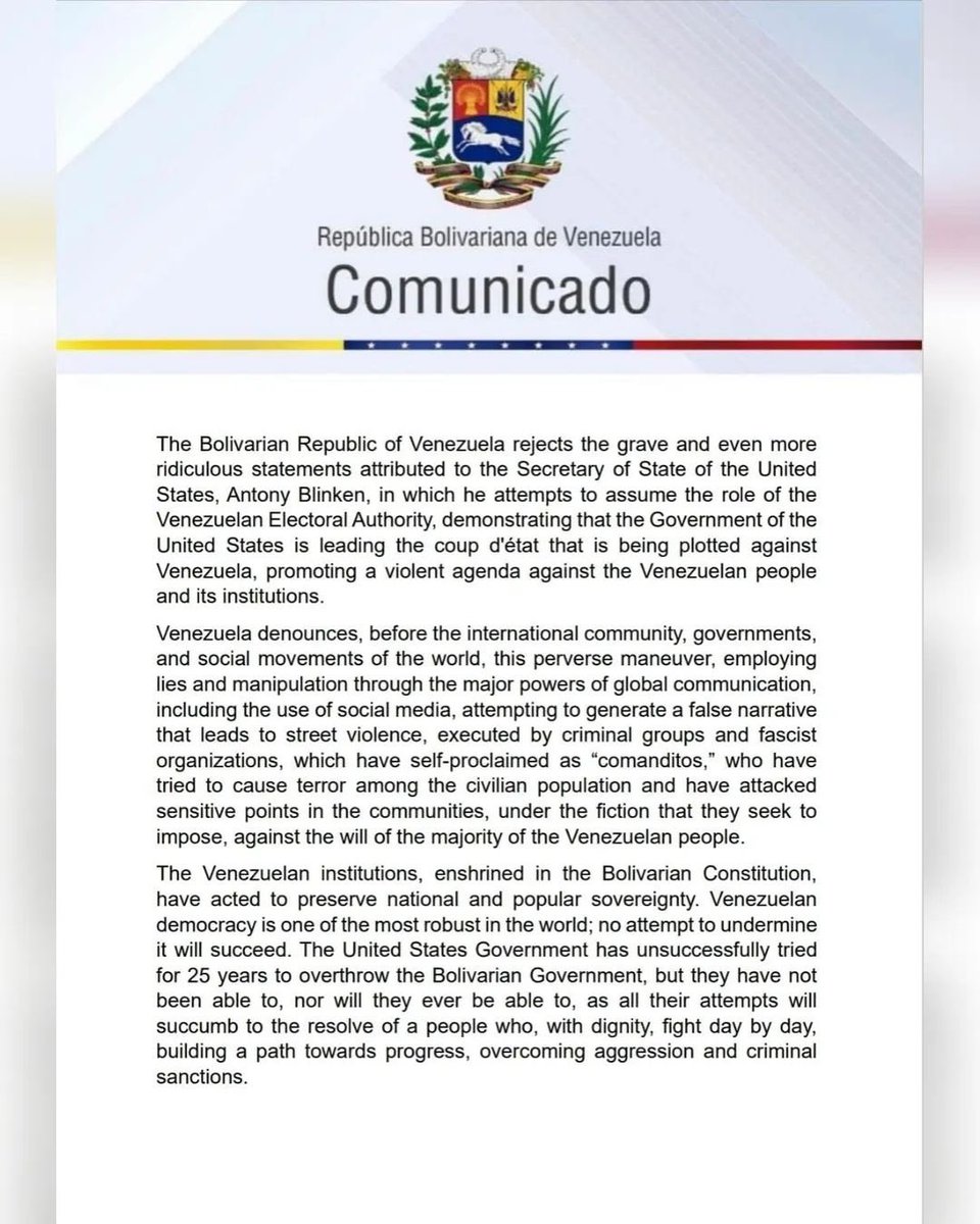 EmbStVincent_ve's tweet photo. @yvangil Venezuela rejects the serious and even more ridiculous statements attributed to the US Secretary of State Antony Blinken, in which he pretends to assume the role of the Venezuelan Electoral Power, demonstrating that the US Government is at the forefront of the coup d’état against Venezuela, promoting a violent agenda against the Venezuelan people and its institutions. @cancilleriave @stvincenttimes @telesurenglish @mofa_svg