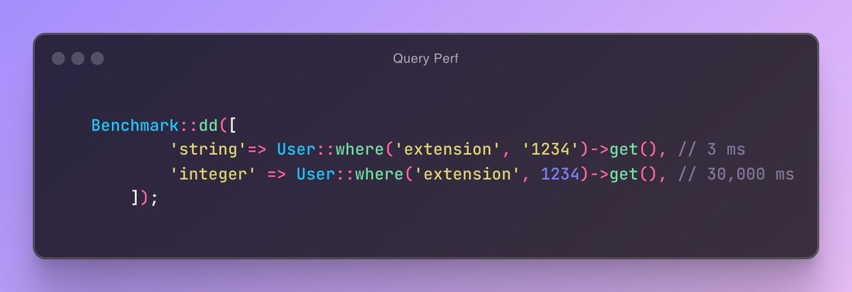 JacobBennett's tweet image. 🔥How to degrade MySQL query performance by 10,000x
Read this slowly: 
Querying an indexed, string column using an integer value will not use your index.