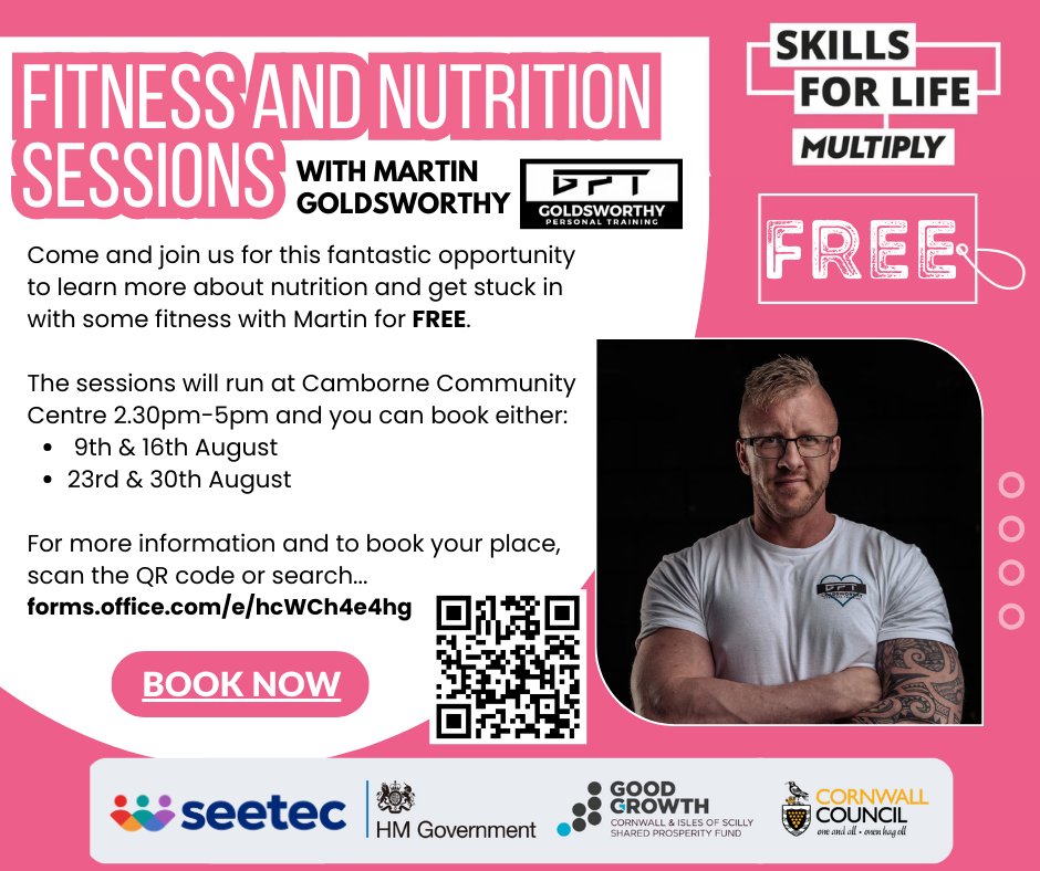 Join Goldsworthy Personal Training for a FREE Nutrition and Fitness Workshop at Camborne Community Centre this August ☀️🏃

Dates &amp; Times:
9 &amp; 16 Aug | 2:30 - 5:00pm
23 &amp; 30 Aug | 2:30 - 5:00pm

Scan the QR Code to book your place!

#GetActive #Summer #CVSF #Fitness #Cornwall