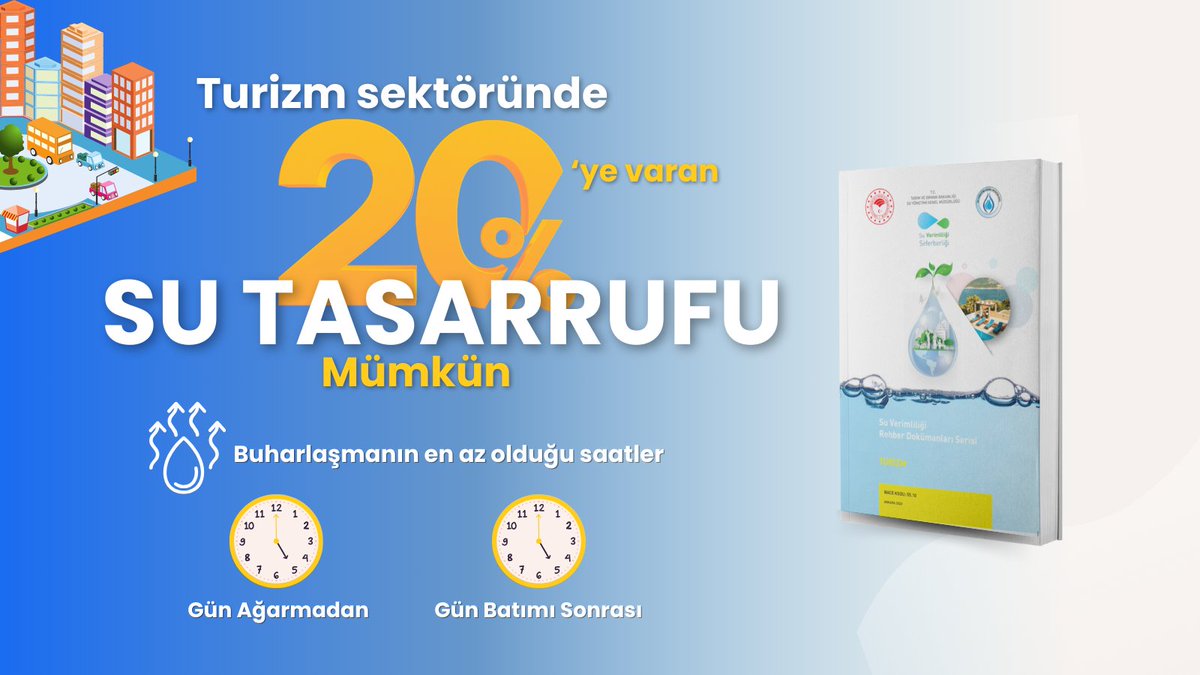 Turizm sektöründe su tasarrufunu artırmak mümkün! 🌿💧 Yeşil alanların buharlaşmanın en az olduğu saatlerde sulanması ile %20'ye varan su tasarrufu sağlanabilmektedir. 
 
➡️suverimliligi.gov.tr/yayinlar/
#SudaSıfırKayıp #SuVerimliliği 
<a href="/TCTarim/">T.C. Tarım ve Orman Bakanlığı</a> 
<a href="/TCKulturTurizm/">T.C. Kültür ve Turizm Bakanlığı</a>
