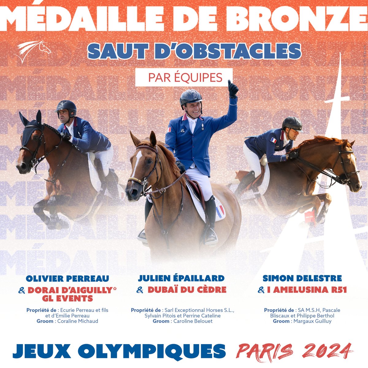 #AlerteMedaille 
L’équipe de France de saut d’obstacles se pare de bronze !! 🥉🇫🇷
Un décor grandiose et des performances toutes aussi superbes, félicitations à nos 3 couples tricolores qui décrochent la médaille de bronze au terme d’une finale exaltante ! 👏😻