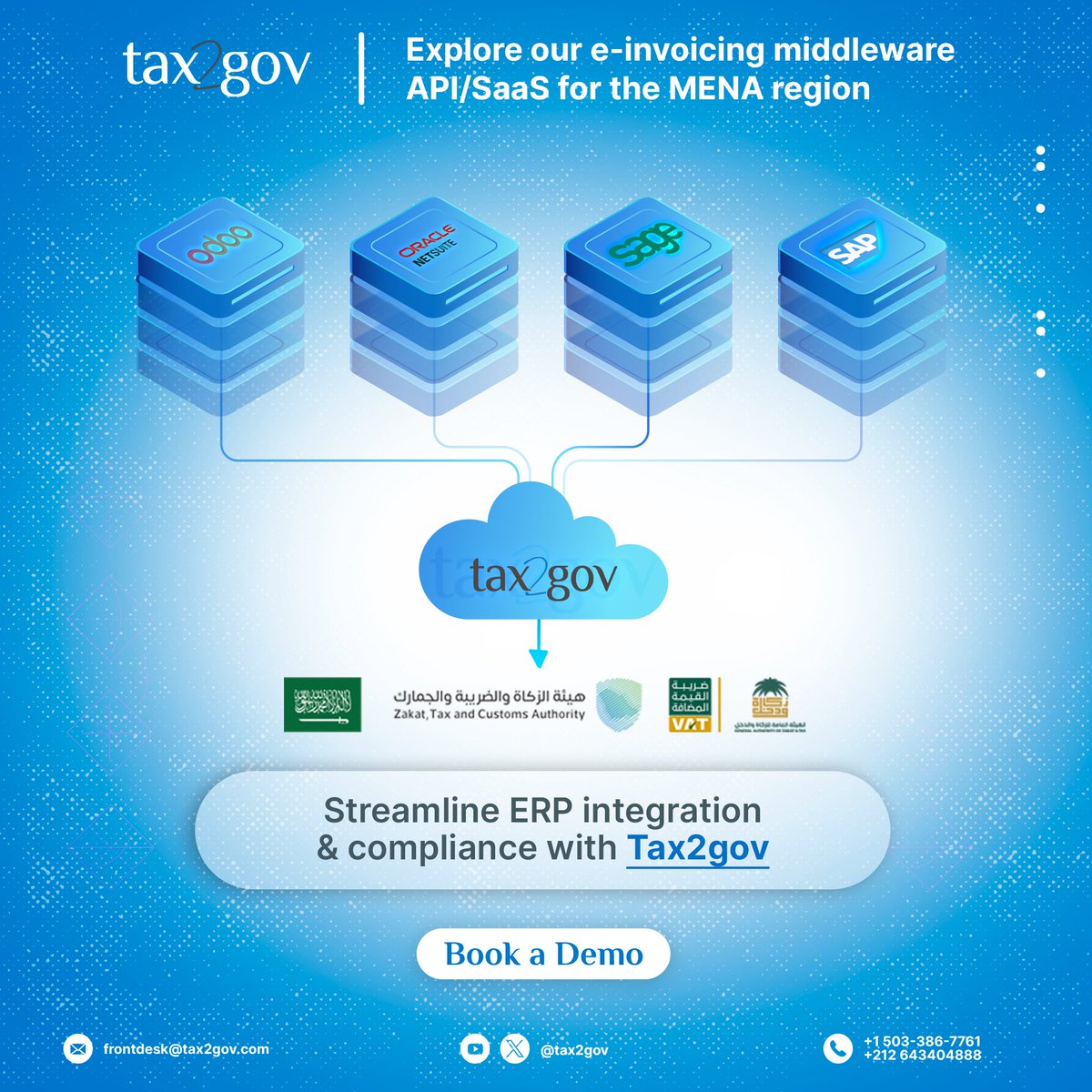 Tax2gov's tweet photo. Simplify your ERP integration with #Tax2gov! Our cloud-based platform seamlessly connects with SAP, Odoo, and Oracle, ensuring #compliance with the #ZATCA. Say goodbye to errors and hello to operational efficiency. Secure, efficient, and reliable. #ZATCAphase2 #ERPIntegration https://t.co/q47hhGSHIO