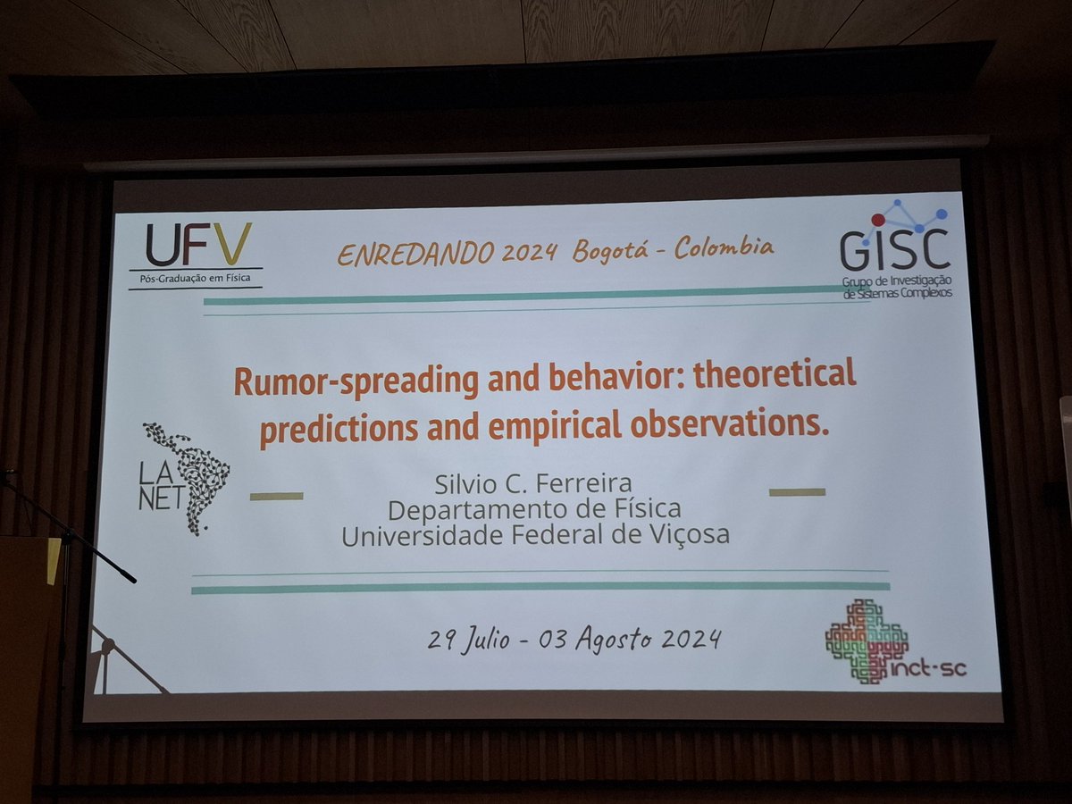 jlmquiroz's tweet photo. Empieza el último día de #Enredando2024, escuela de redes complejas de @LanetConference.
La primera charla es: "Propagación de rumores y comportamiento: predicciones teóricas y observaciones empíricas" a cargo de @silviojrufv
#ComplexityScience
#RedesComplejas
#Bogotá https://t.co/LuobdwhaQi
