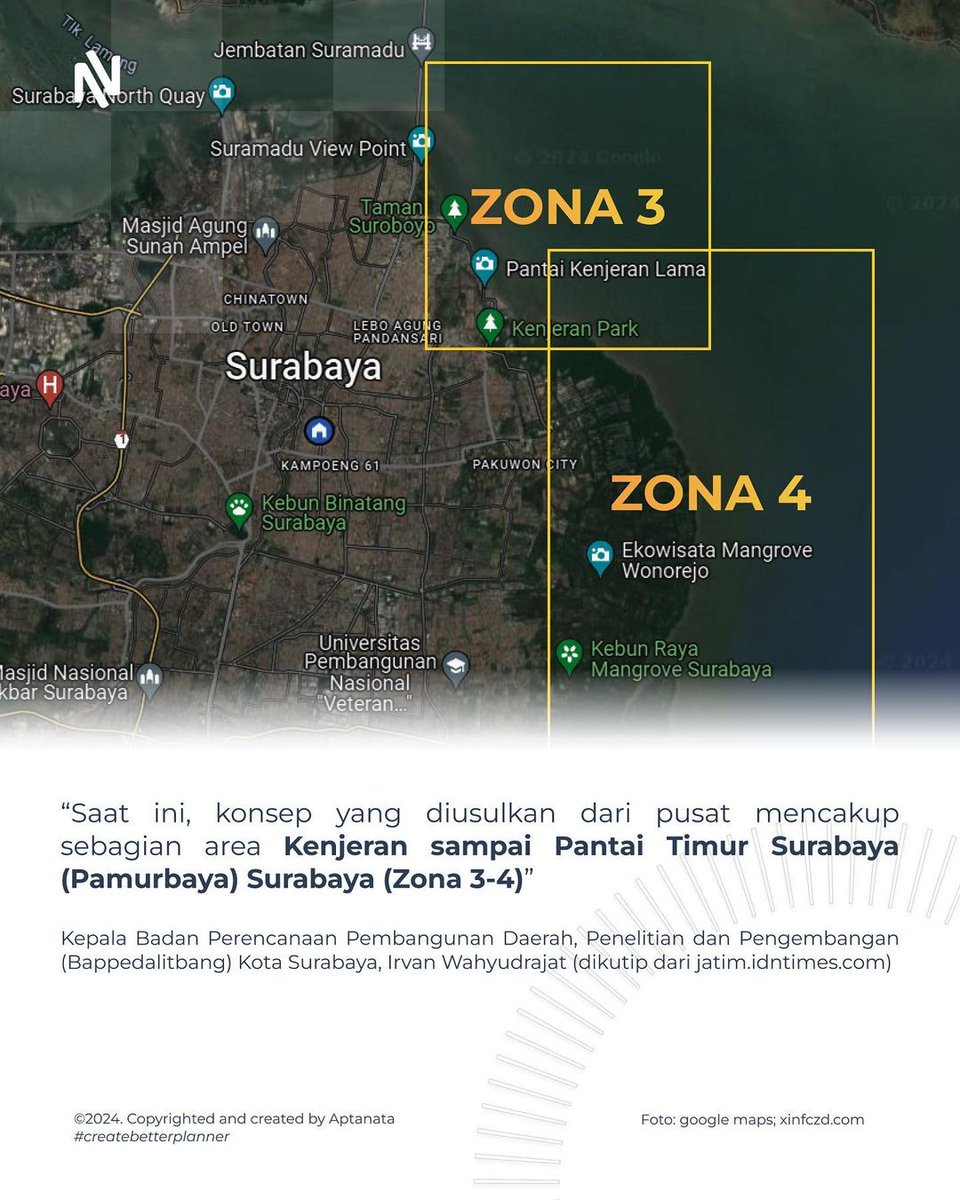 tfsurabaya's tweet photo. Akhir2 ini ada dua isu tata kota yg mulai rame di medsos sebelah tapi di sini masih sepi :

1. Reklamasi Pantai Surabaya
• Surabaya Waterfront Land
• Berbentuk pulau seluas lebih dari 1000 Ha, jarak 300 m dari Pantai Kenjeran
• Masuk PSN, dengan perkiraan investasi 70 T https://t.co/VPUKPvdCu7