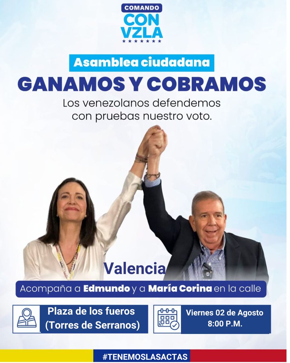 Venezolanos en Valencia nos movilizamos hoy por la libertad y la democracia.

Nos vemos a las 20hrs

Lleva tu bandera 🇻🇪
#GanoVzla 
¡Gloria al Bravo Pueblo!
