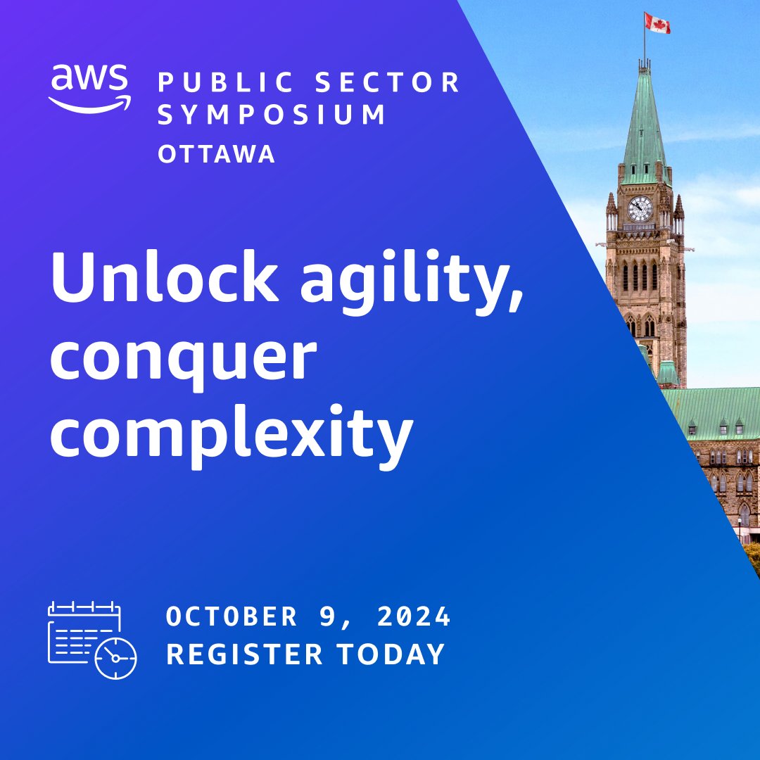 Join us on Oct 9 for #AWSSymposium Ottawa! 🚀 Elevate your #generativeAI &amp; cloud skills with 20+ sessions designed for the #PublicSector.

Unlock new possibilities &amp; register now 🔗: go.aws/4c83att