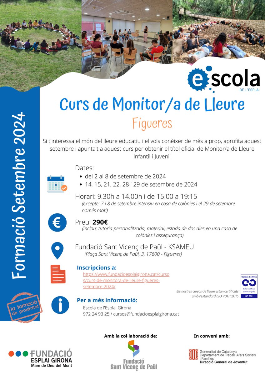FundacioSVP's tweet photo. T'interessa treballar al món del lleure?
Apunta't al curs de Monitor/a de Lleure que es farà durant el mes de setembre a Figueres.
No et quedis sense plaça! https://t.co/8pbiZXYmJf