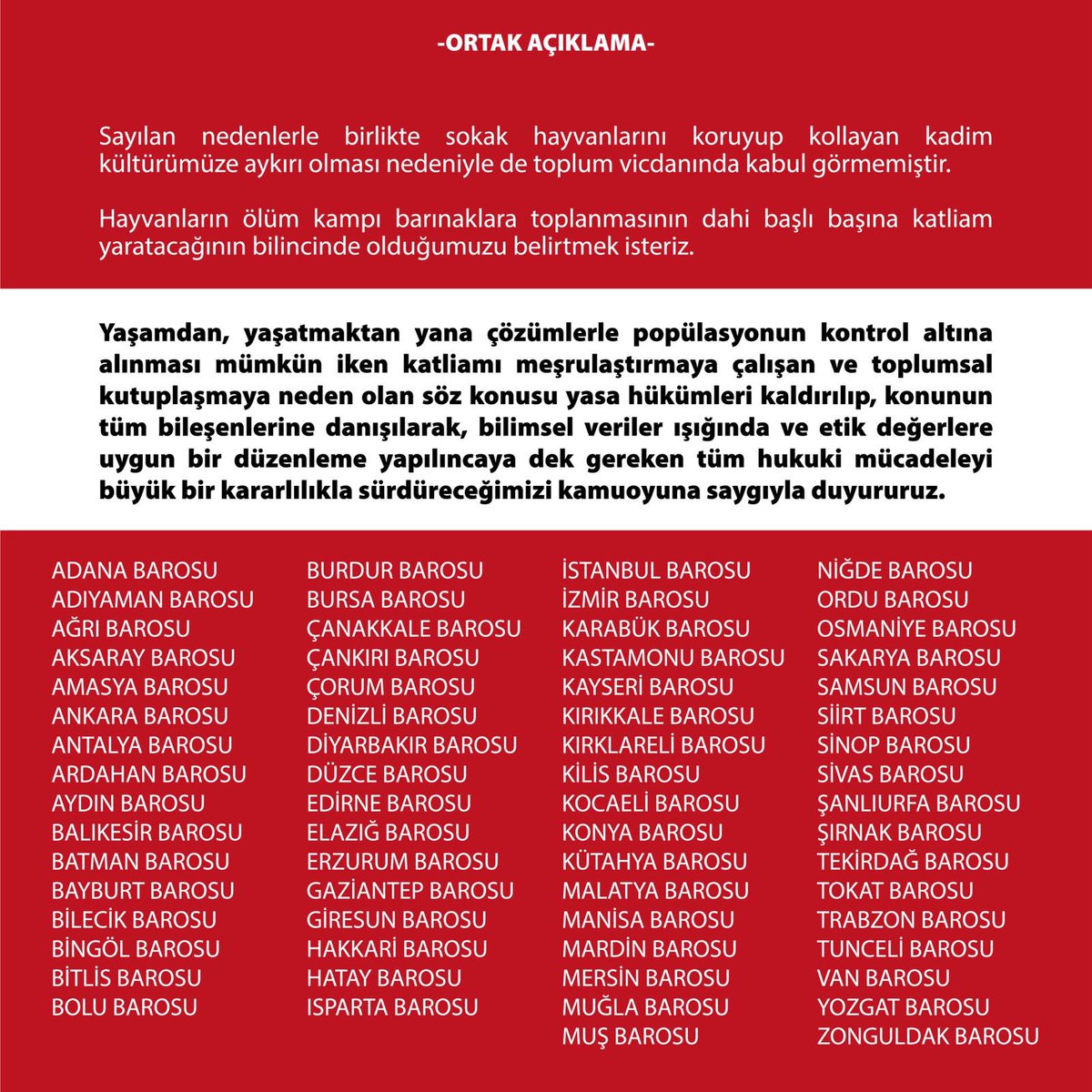 -ORTAK AÇIKLAMA-

KATLİAM VE ESARET, TABİİ HUKUKA AYKIRI KANUNLARLA MEŞRULAŞTIRILAMAZ

Meclisin tatilde olması gereken bir dönemde 5199 sayılı Hayvanları "Koruma" Kanunu'na apar topar getirilen ve tüm itiraz ve tepkilere rağmen yasalaşan değişiklik;

Anayasaya, uluslararası