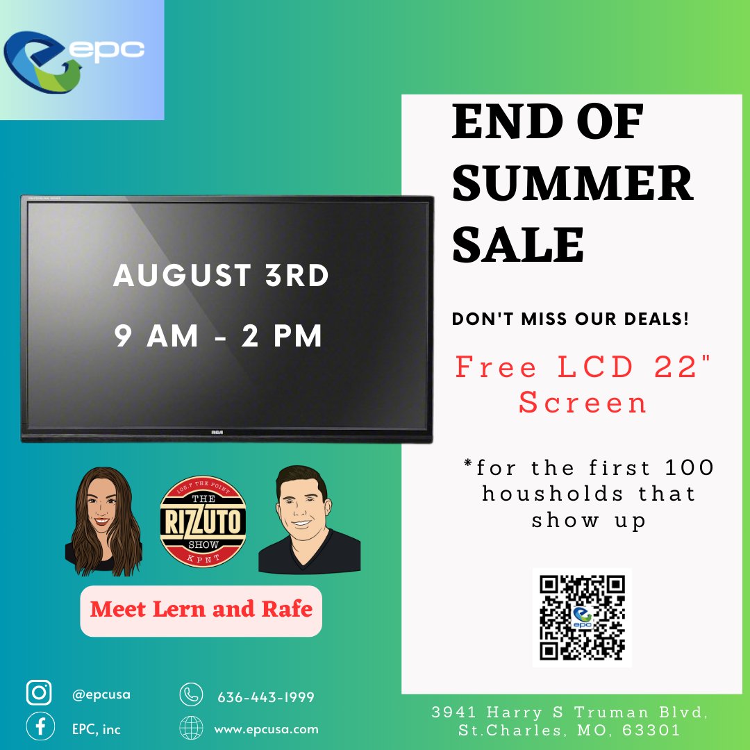 EPC, Inc (@epcusa) on Twitter photo Be one of the first 100 households to get a FREE 22” LCD this Saturday at our End of Summer Sale from 9 AM to 2 PM! No sales tax on back-to-school items, free food & drinks, and 15% off all refurbished items. Meet <a href="/lernvsradio/">LERN</a> and <a href="/iamRafeWilliams/">Rafe Williams</a> from <a href="/RizzShow/">THE RIZZUTO SHOW</a> <a href="/1057thePoint/">105.7 The Point</a> Be one of the first 100 households to get a FREE 22” LCD this Saturday at our End of Summer Sale from 9 AM to 2 PM! No sales tax on back-to-school items, free food & drinks, and 15% off all refurbished items. Meet <a href="/lernvsradio/">LERN</a> and <a href="/iamRafeWilliams/">Rafe Williams</a> from <a href="/RizzShow/">THE RIZZUTO SHOW</a> <a href="/1057thePoint/">105.7 The Point</a>