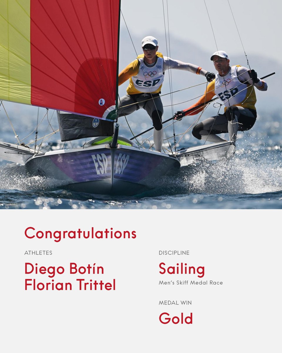 omegawatches's tweet photo. Congratulations to our sailing ambassadors Diego Botín and Florian Trittel, who have won the Men’s Skiff gold medal at Paris 2024.

#OMEGA 
#OMEGAOfficialTimekeeper 
#Paris2024 
#DiegoBotin
#FlorianTrittel https://t.co/Pb6huQi7BS