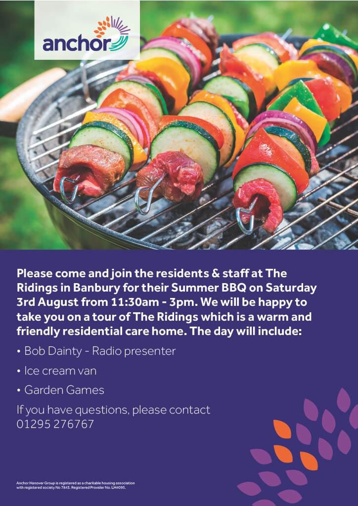 Reminder from tomorrow’s event Saturday 3rd August at 11.30am - The Ridings are proud present our invitation to our Summer BBQ - in memory of past resident to commemorate his 100th birthday. We hope you are able to join us, and we look forward to seeing you there <a href="/AnchorLaterLife/">Anchor</a>