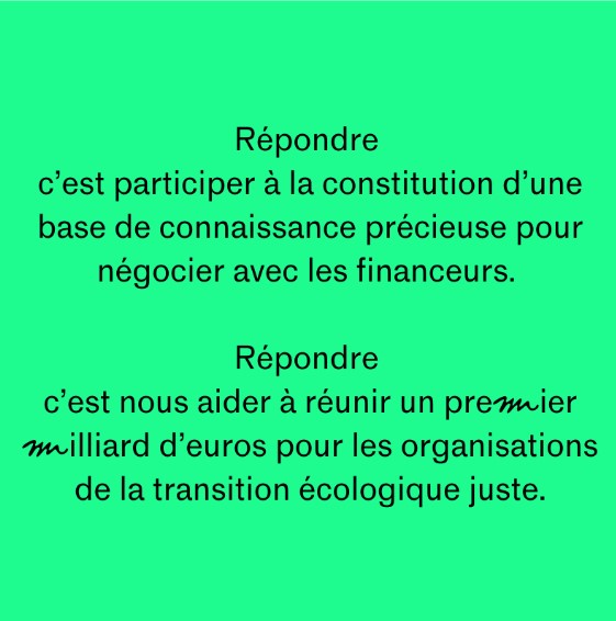 #Questionnaire | Avis aux organisations de la transition écologique juste 

La @fondationfrance s'est associée à l’#OpérationMilliard pour faciliter l'accès aux financements des organisations de la transition juste.   

👉Ce questionnaire est pour vous : enquete.operation-milliard.org/367223