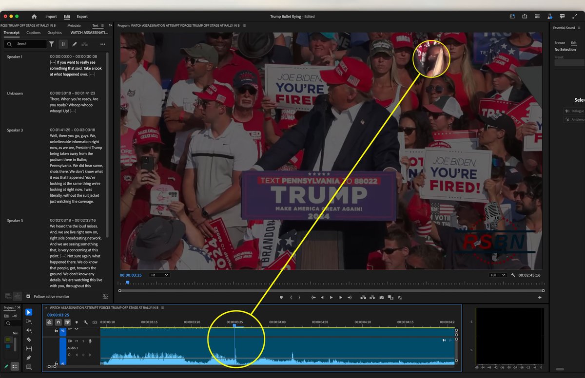 JG_CSTT's tweet image. I think all this hanging out with @I_Am_JohnCullen is starting to rub off on me.  There are MANY distinctive spikes in the audio waveform of the @RSBN close up indicating different locations and gun / ammo combinations firing on @realDonaldTrump #KillBox #AssassinationPlot