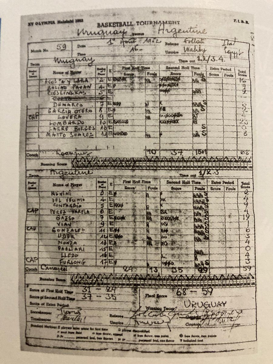 Compartimos con la comunidad olimpista un gran recuerdo: la planilla del juego por el tercer puesto entre Uruguay y Argentina en los Juegos Olímpicos de Helsinki 1952.
Este partido, ganado por Uruguay por 68 a 59, permitió al capitán Roberto Lovera, recibir la medalla de bronce.