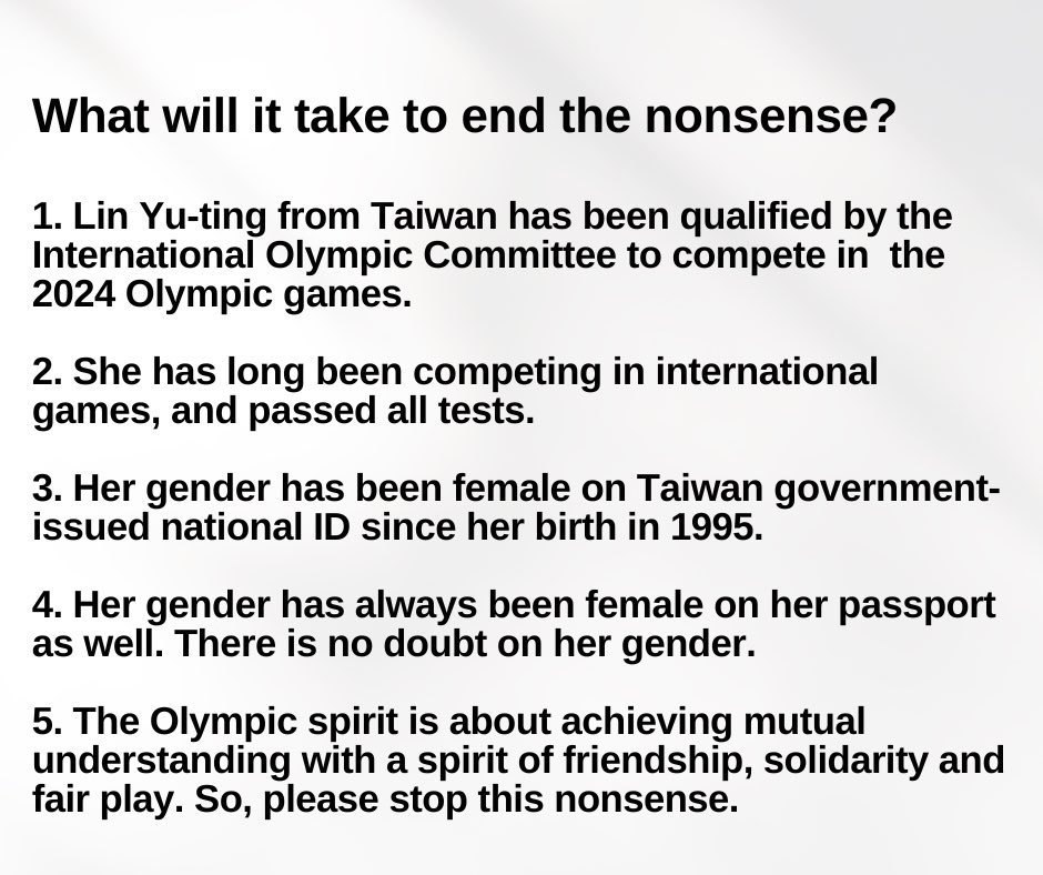 What will it take to end this nonsense?
The Olympic spirit is about achieving mutual understanding with a spirit of friendship, solidarity and fair play. 
So, please stop this nonsense.
<a href="/Olympics/">The Olympic Games</a> #LinYuTing #Taiwan #Boxer