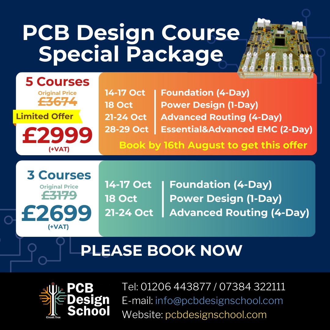 🆕🎉 We offer a special discount when you attend our courses in October as a combination!

✨5 Courses Combination: £2999 (+VAT) *
(*The Offer is valid until 16th August 2024)
✨3 Courses Combination: £2699 (+VAT)

Book now: bit.ly/pcbds-packages