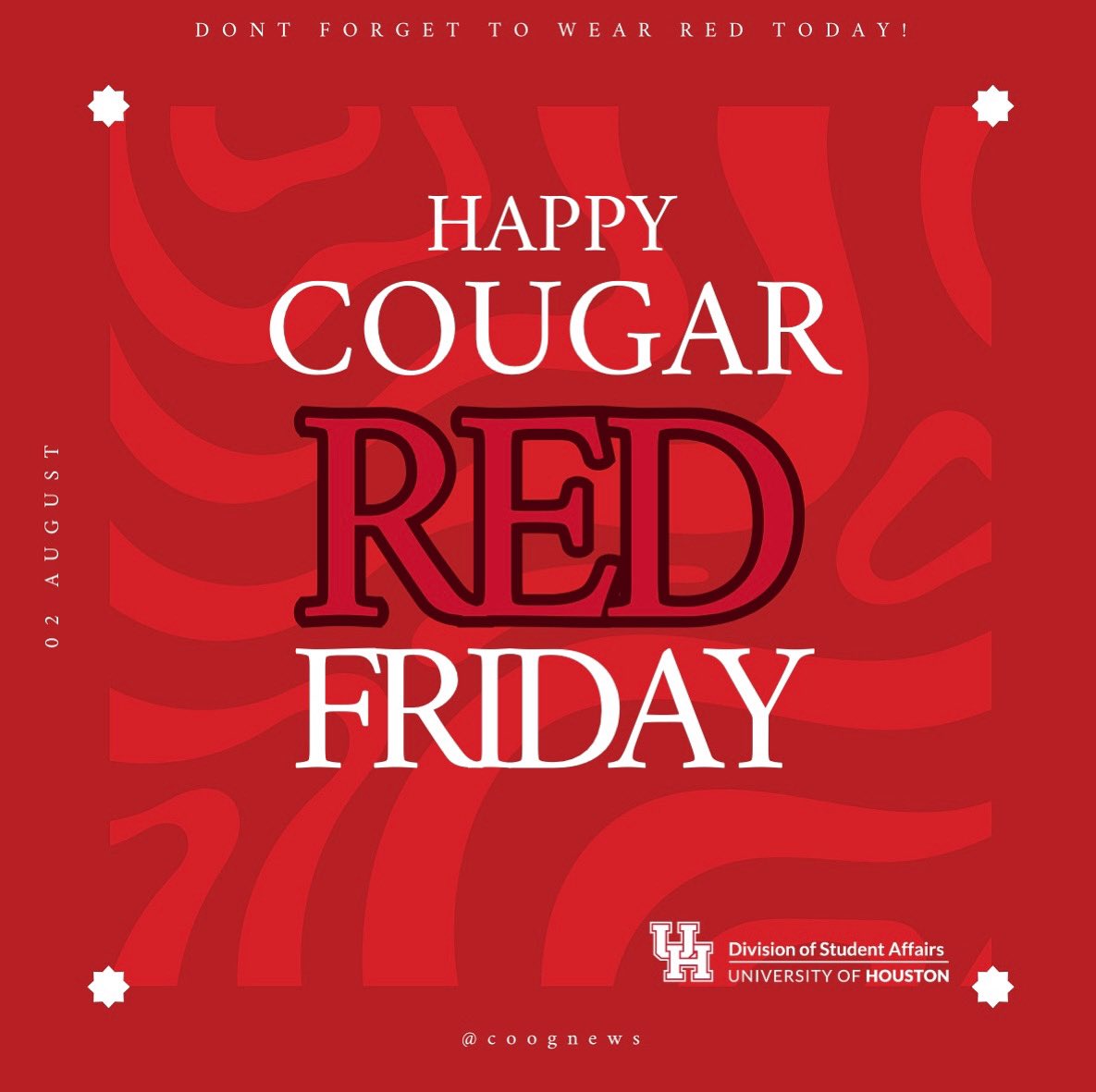 UH_DSA's tweet photo. Fridays are for the Cougars! Wear red and celebrate! 🎉 #uhdsa #gocoogs https://t.co/USJ9DibVP1